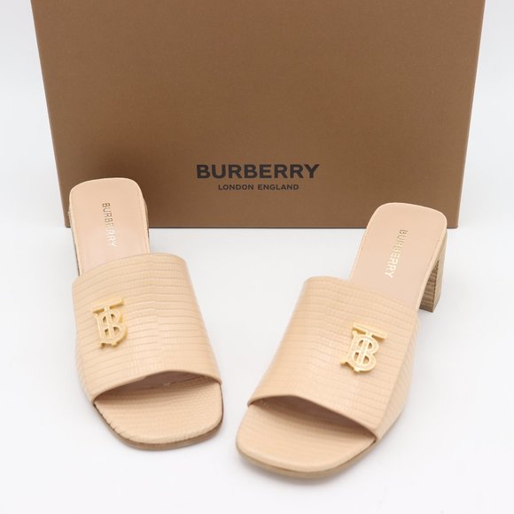 NIB Burberry Winnie Lizard Embossed Nude Leather Mule Slide Sandals - Picture 1 of 12